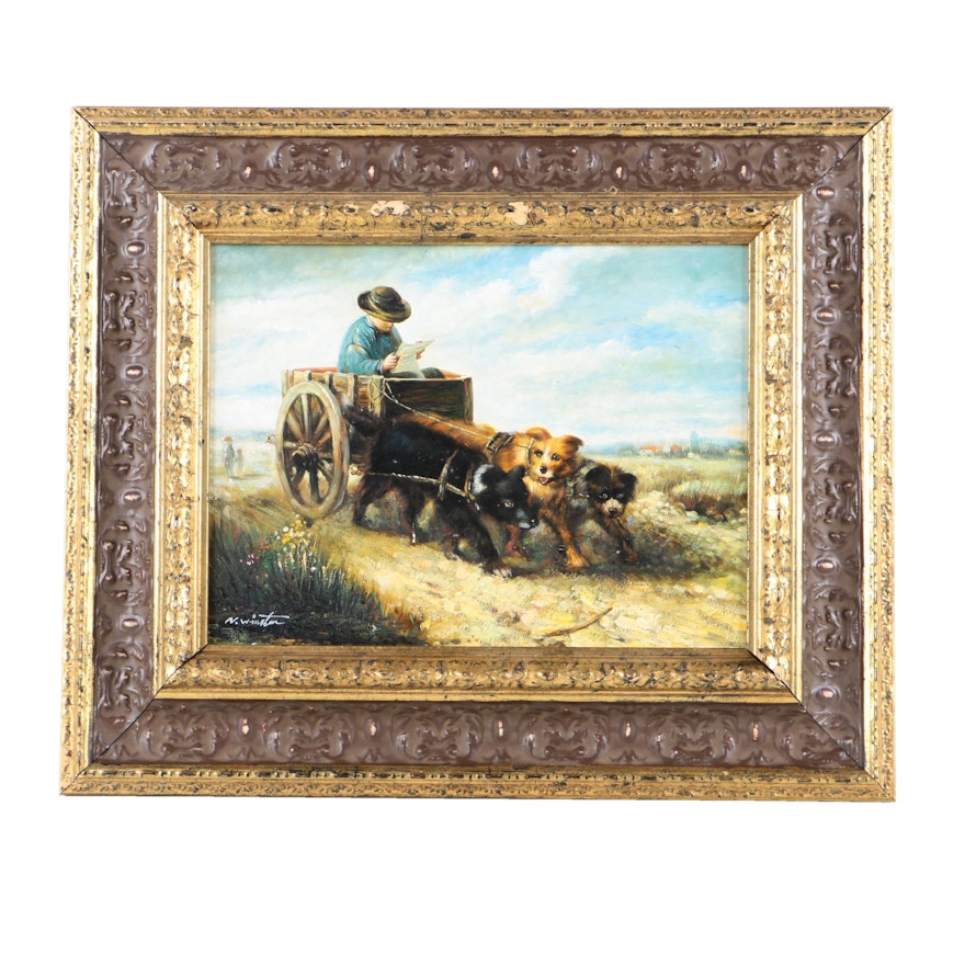 N. Winston Oil Painting on Board of a Child in a Wagon Pulled By Dogs