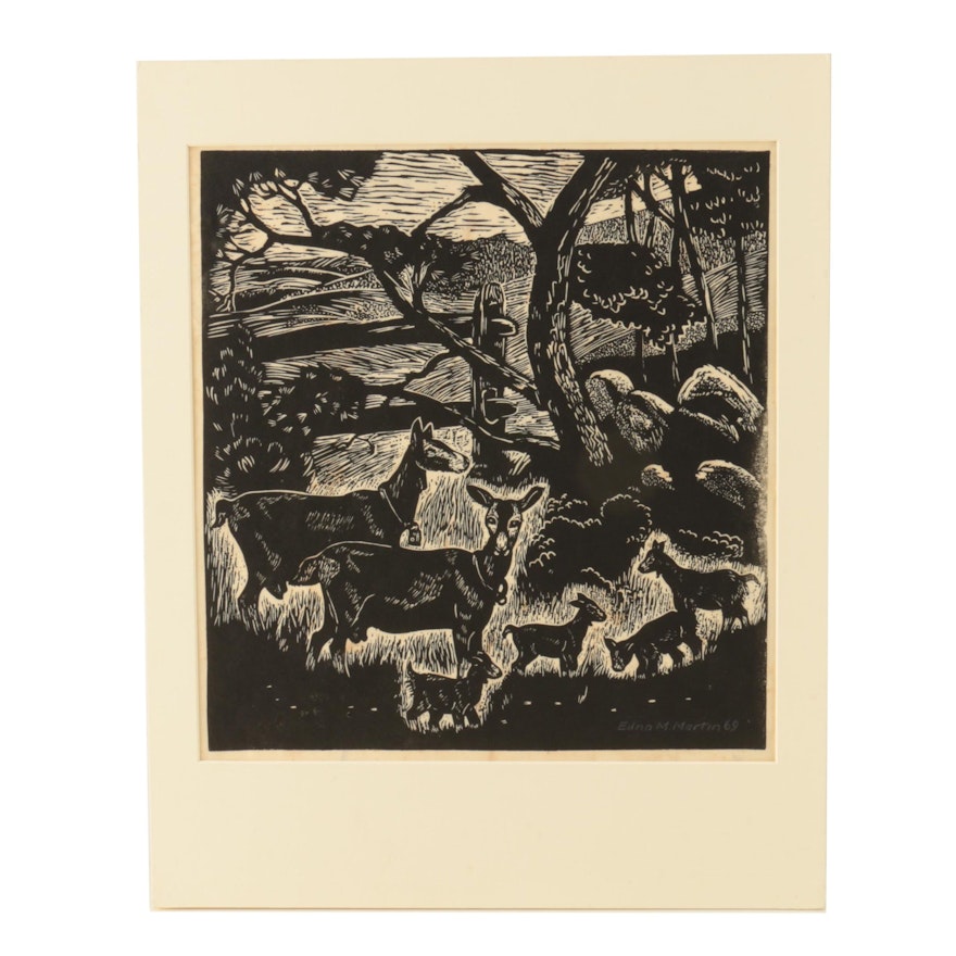 Edna M. Martin Woodcut Print on Paper "Spring Kids"