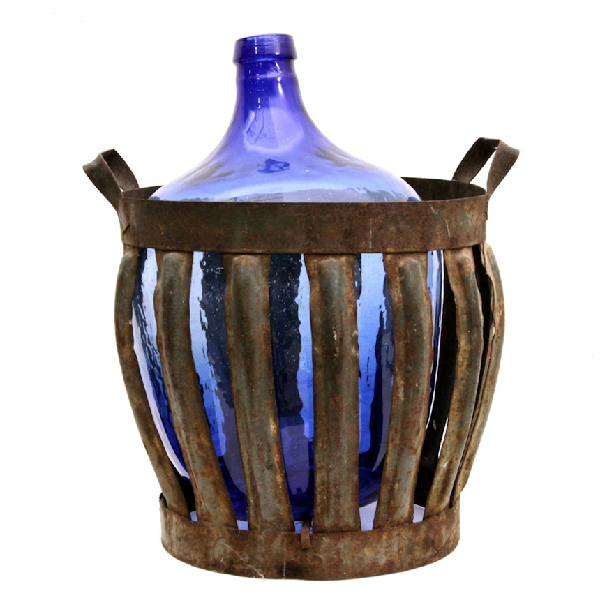 Blue Glass Demijohn with Metal Basket