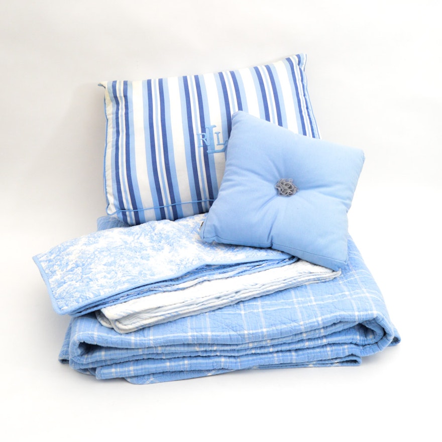 Ralph Lauren White and Blue Queen Quilt Set with Decorative Pillows