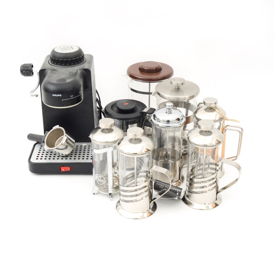 Krups Espresso Machine and Collection of French Presses