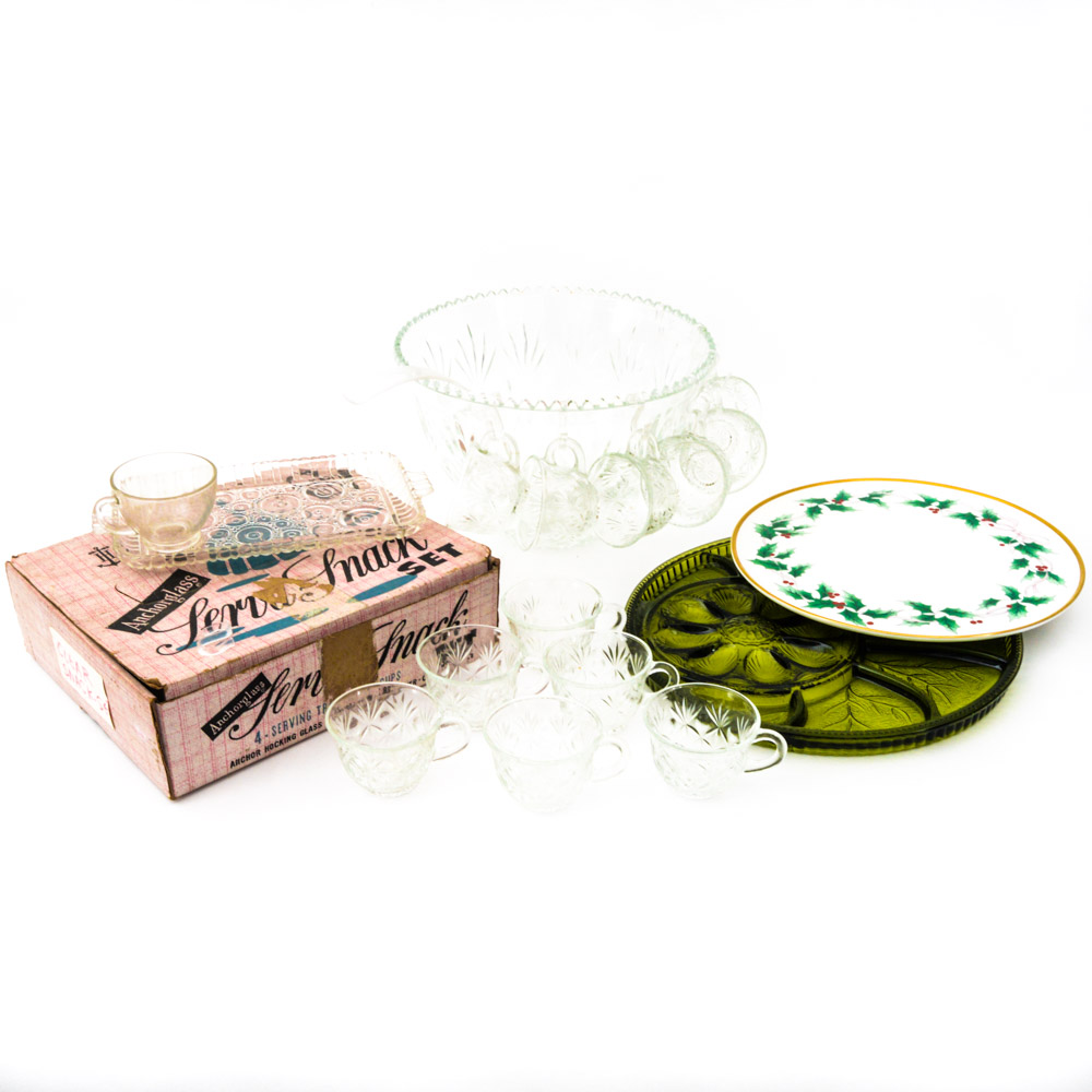 Vintage Anchorglass Serva-Snack Set and Hazelware Punch Bowl