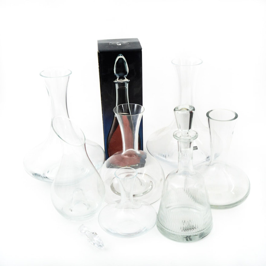 Luigi Bormioli Decanter, Spiegelau Vase, and Other Glassware