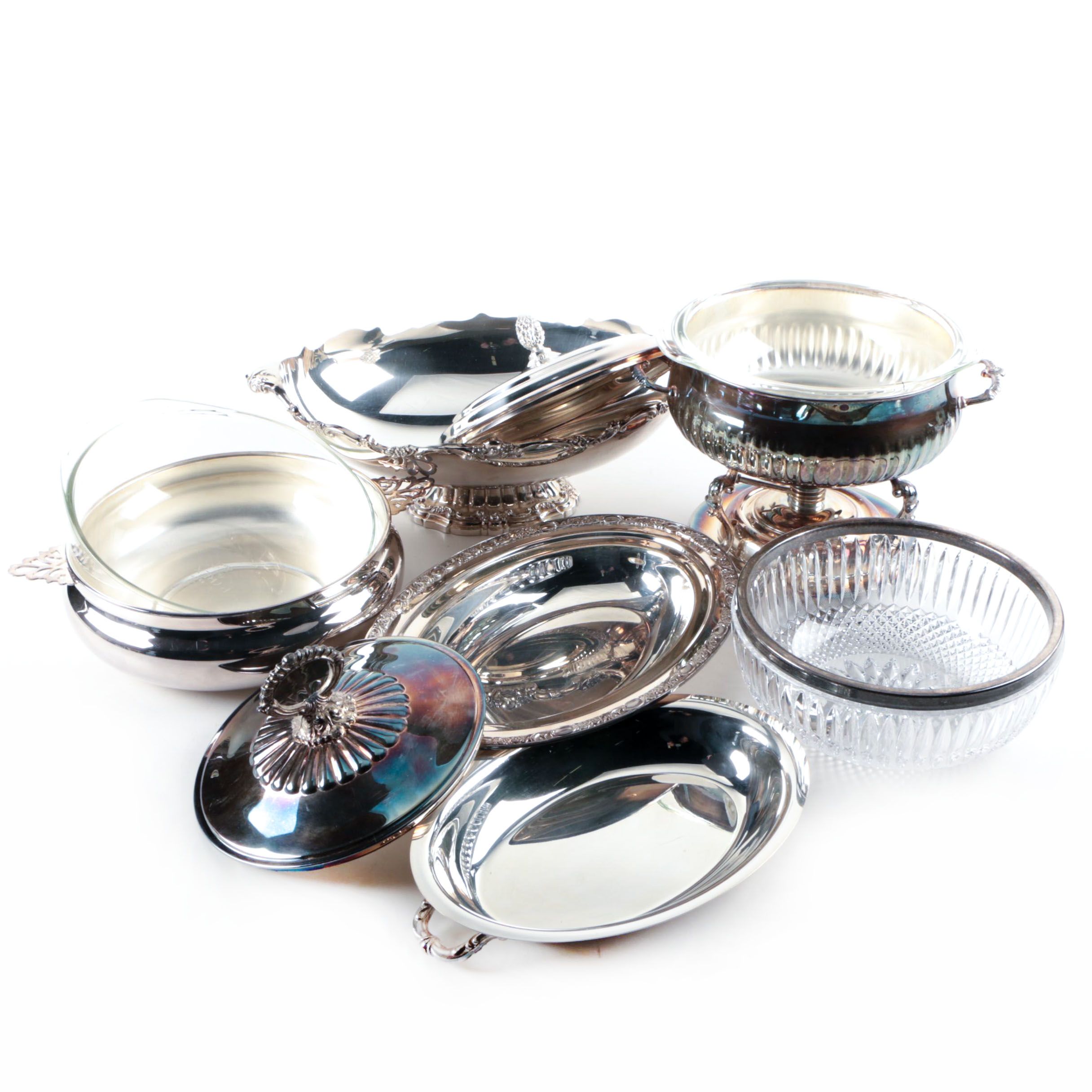 Lunt "Modern Victorian" Silver Plate Centerpiece with Crystal Bowl and Serveware