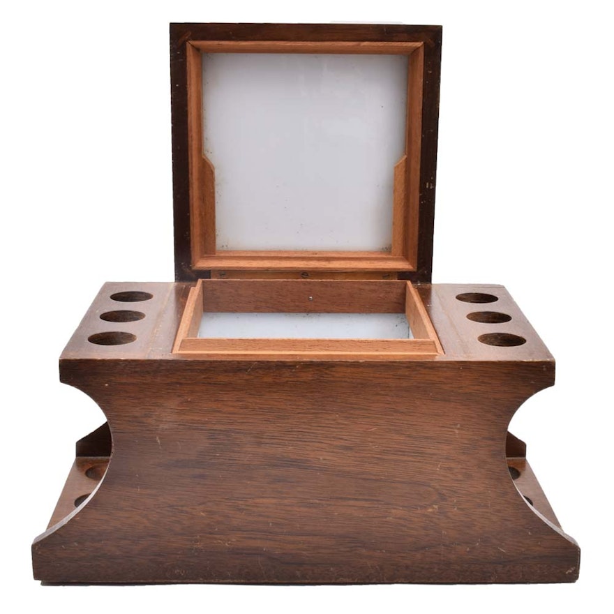 Vintage Inlay Wood Tobacco Humidor and Pipe Stand