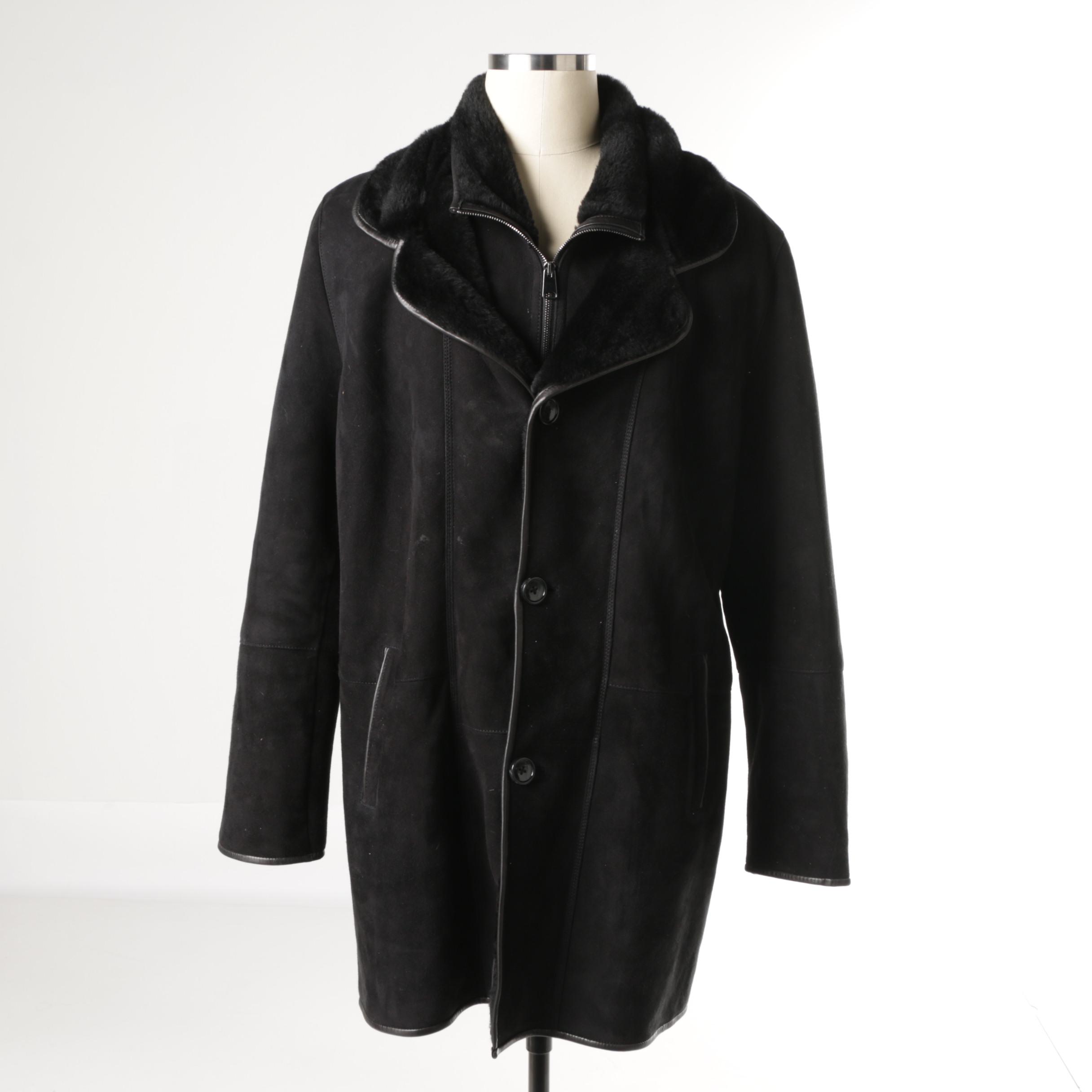 Men's Bigardini Collection Black Suede and Shearling Fur Coat
