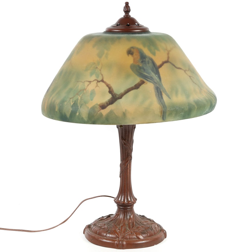 Vintage Art Nouveau Style Reverse Painted Table Lamp