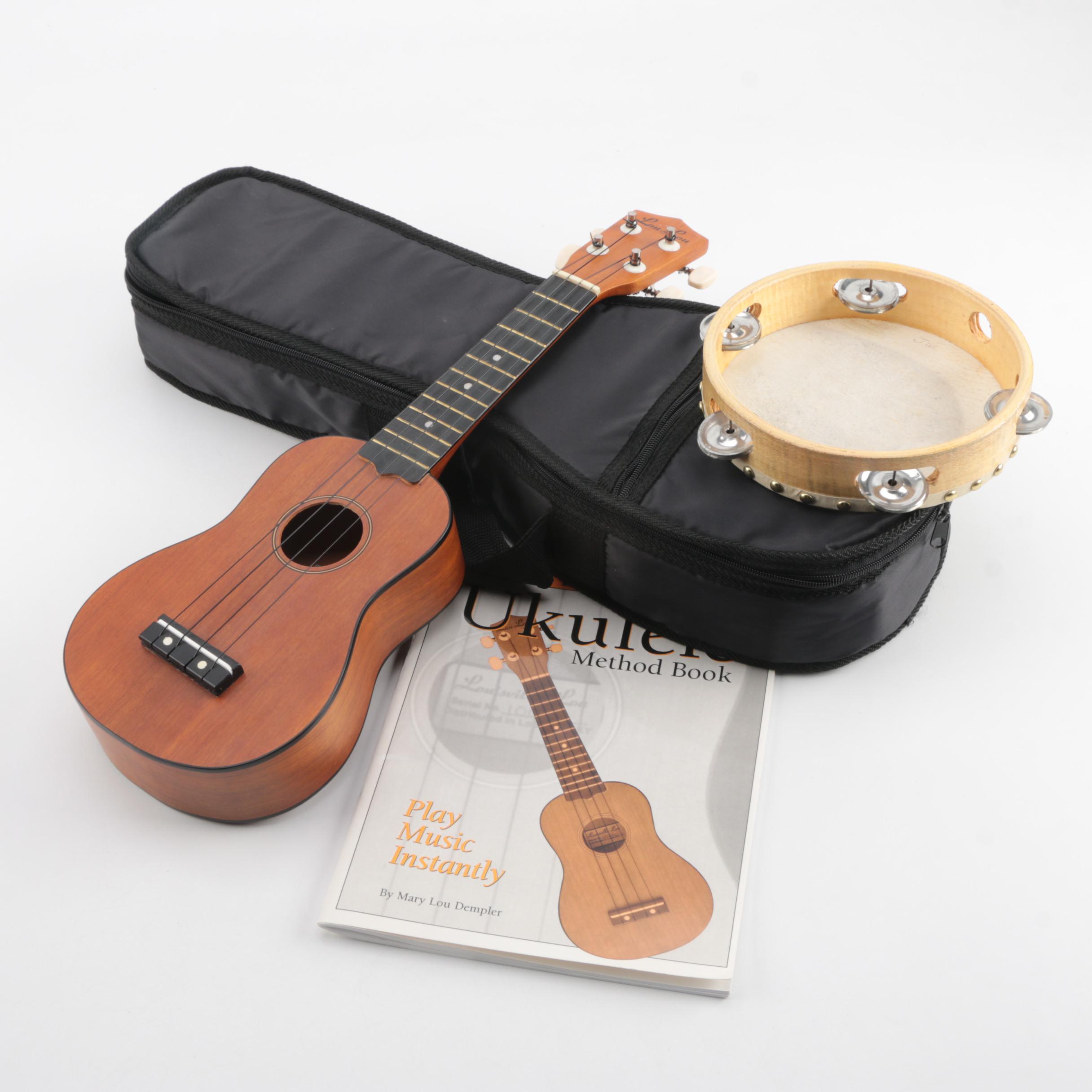 Tambourine and "Louisville Lou" Ukulele with Gig Bag and Book