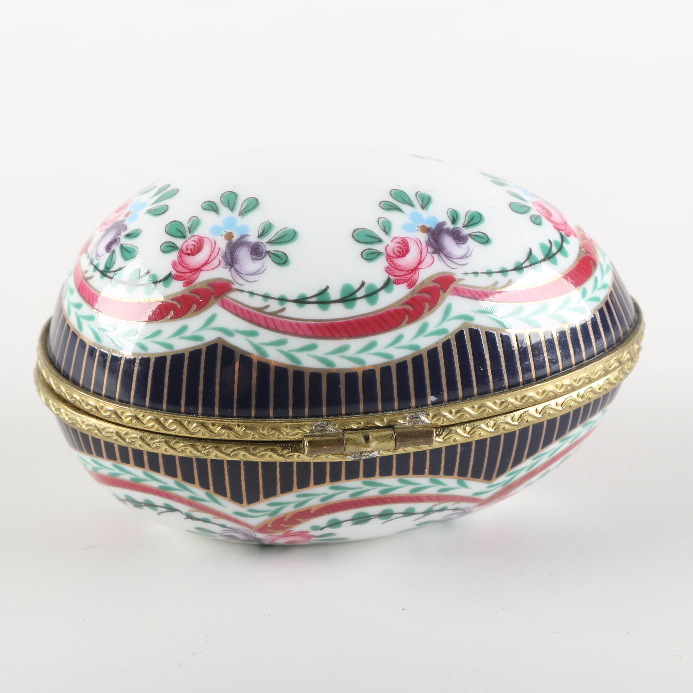 Limoges Style Egg-Shaped Porcelain Trinket Box