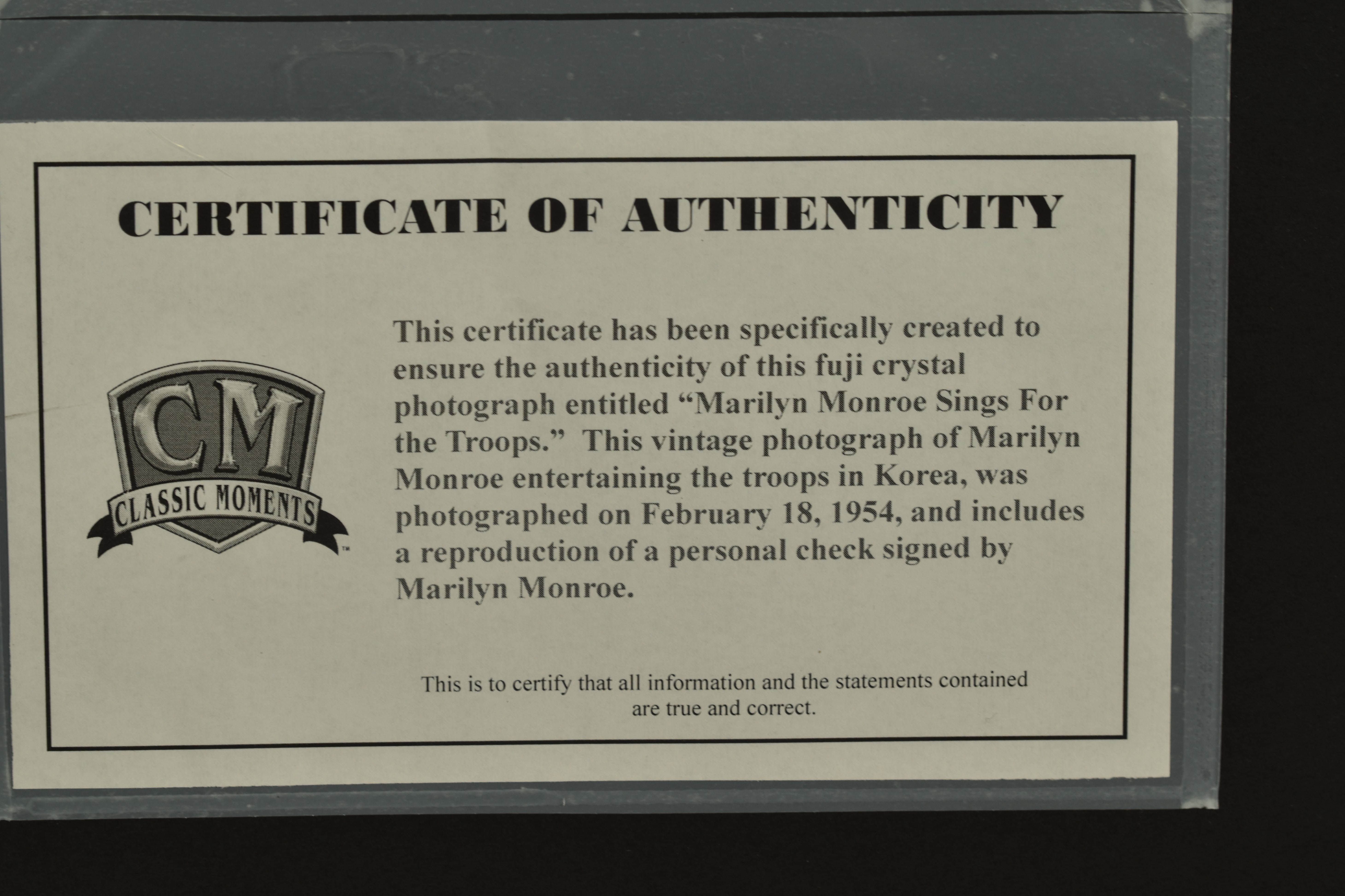 Marilyn Monroe Sings For the Troops with Personal Reproduction Check