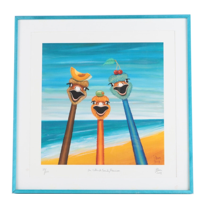 Jonathan Blum Limited Edition Giclee on Paper "An Ostrich Family Reunion"