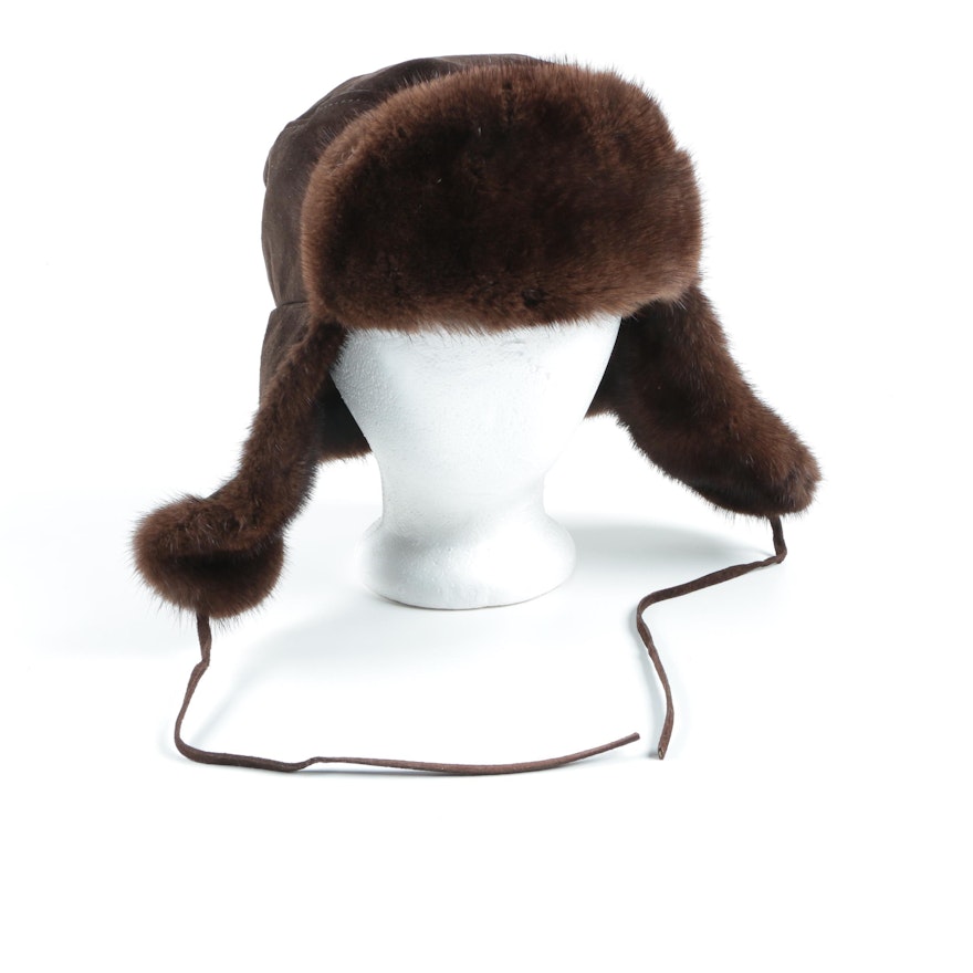 Paul Stuart Brown Suede Leather Mink Fur Trapper Hat