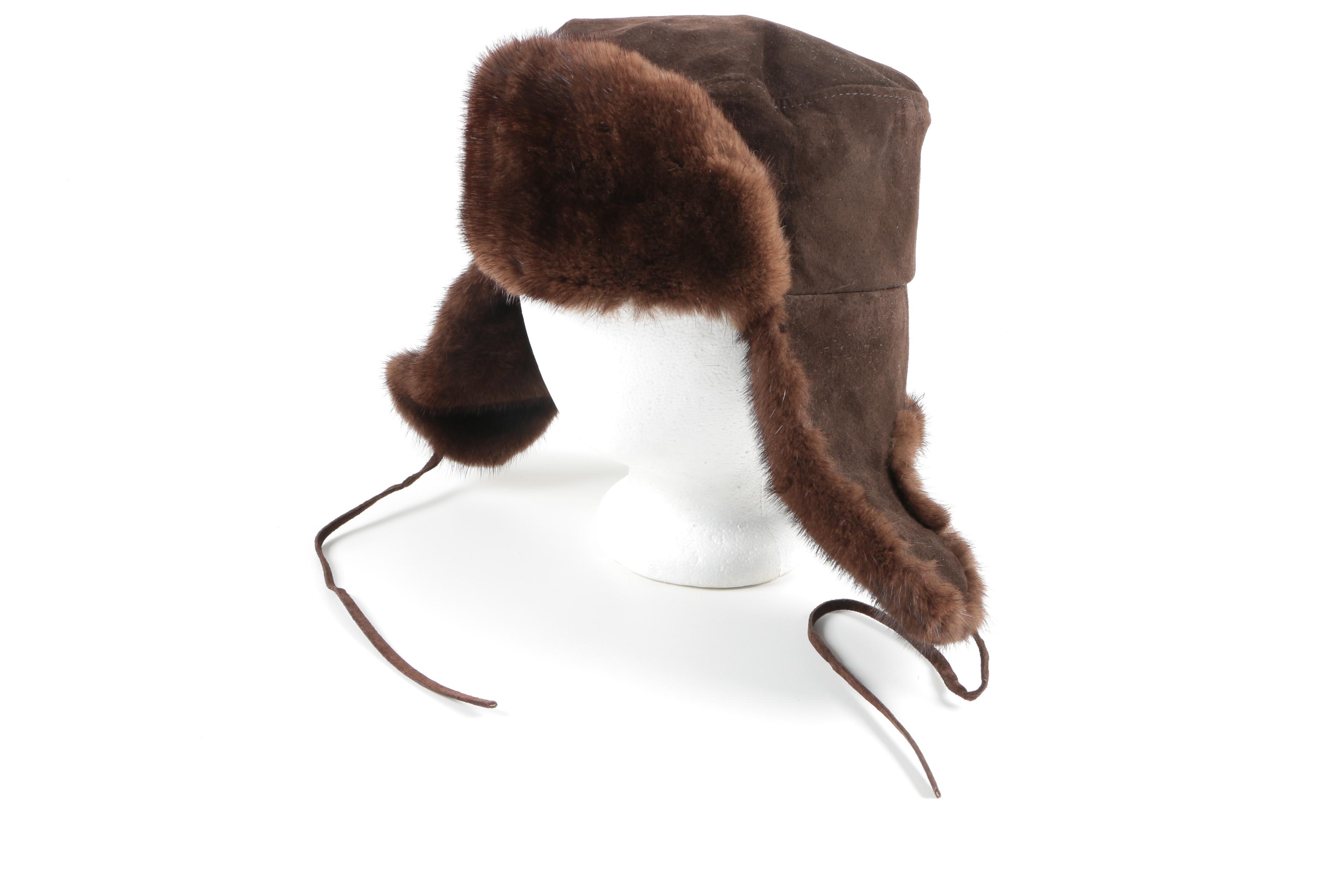 Paul Stuart Brown Suede Leather Mink Fur Trapper Hat