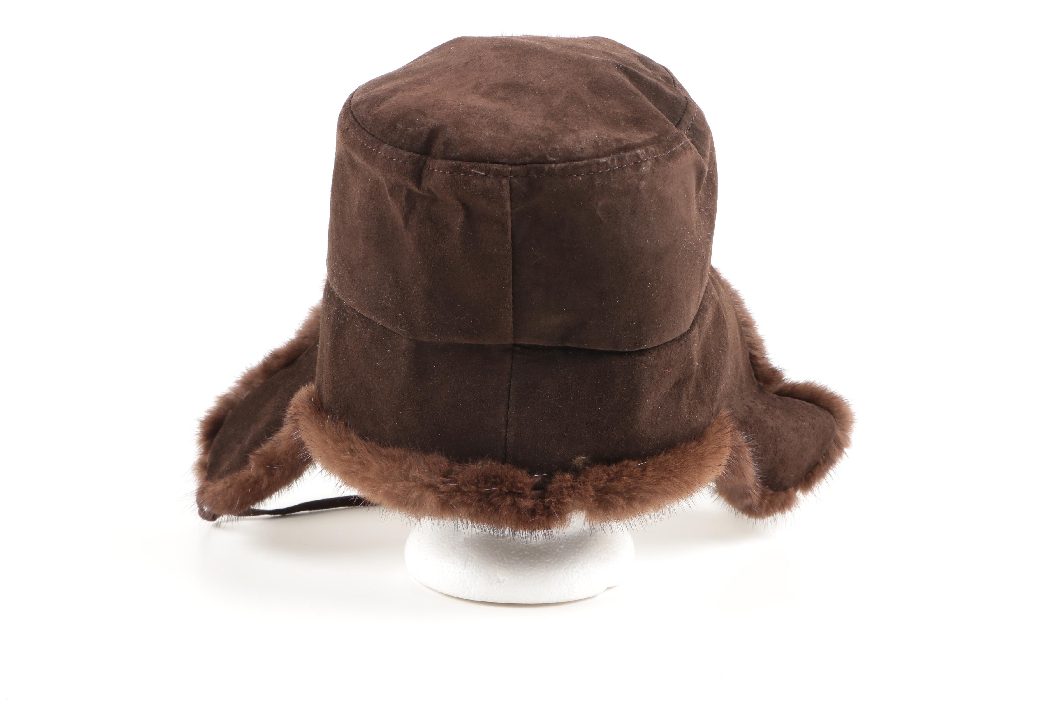 Paul Stuart Brown Suede Leather Mink Fur Trapper Hat