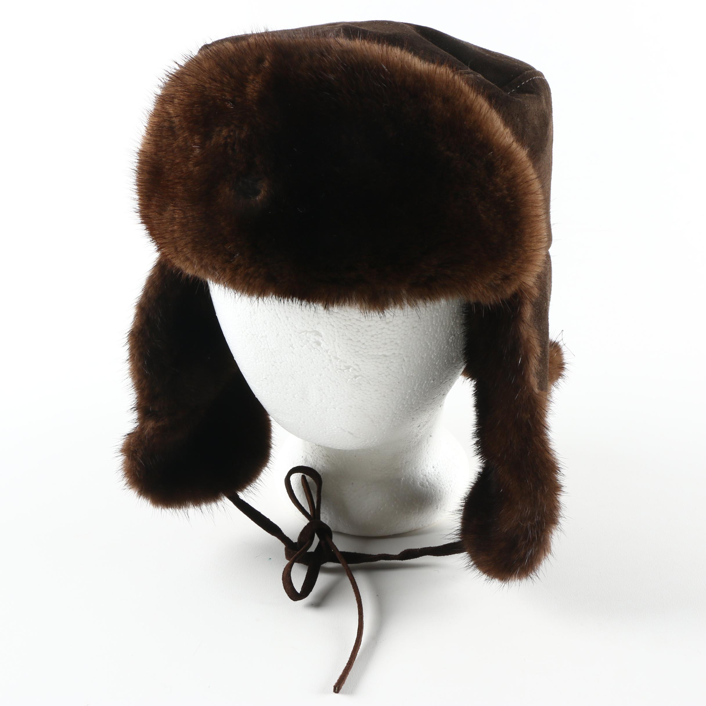 Paul Stuart Brown Suede Leather Mink Fur Trapper Hat