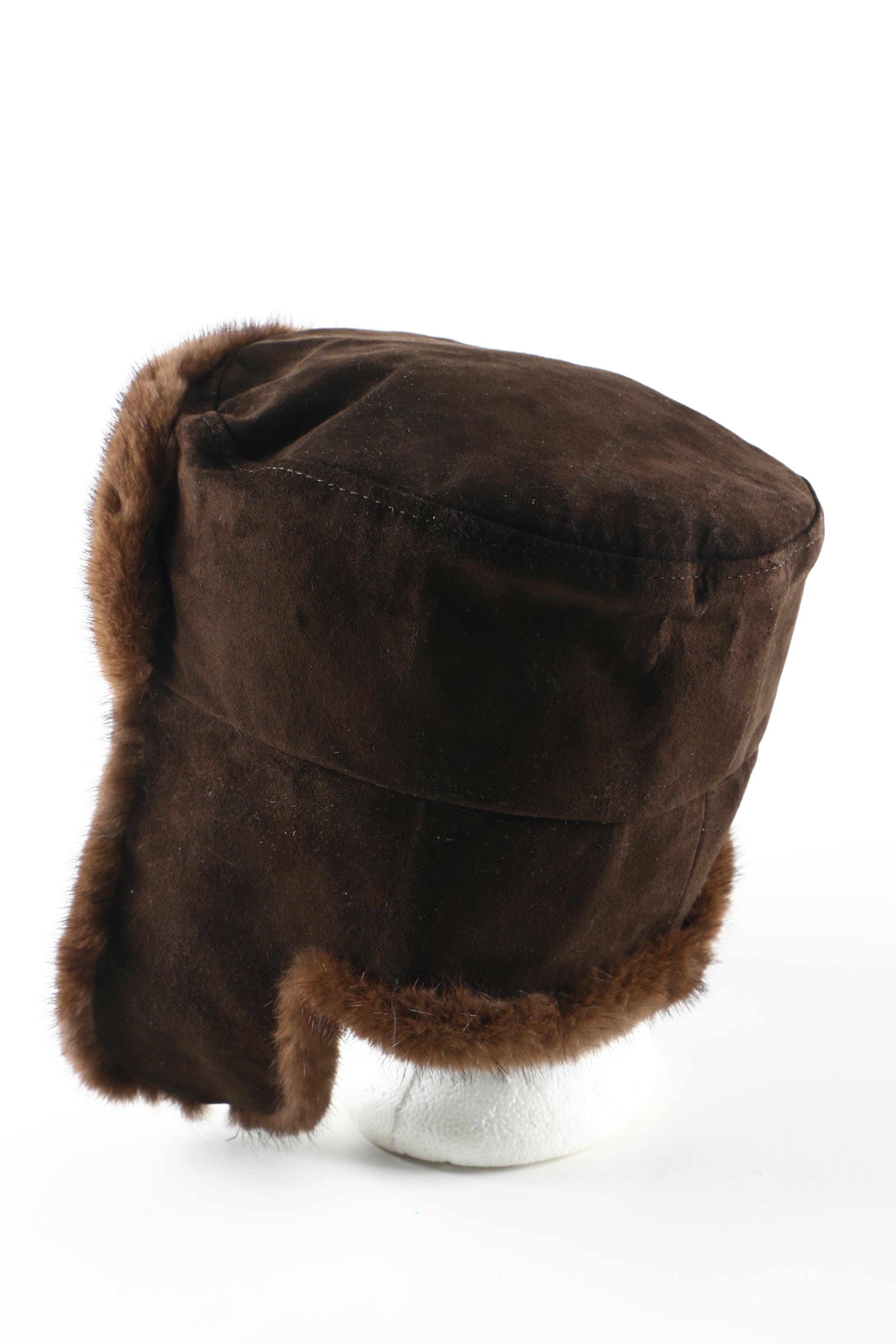 Paul Stuart Brown Suede Leather Mink Fur Trapper Hat