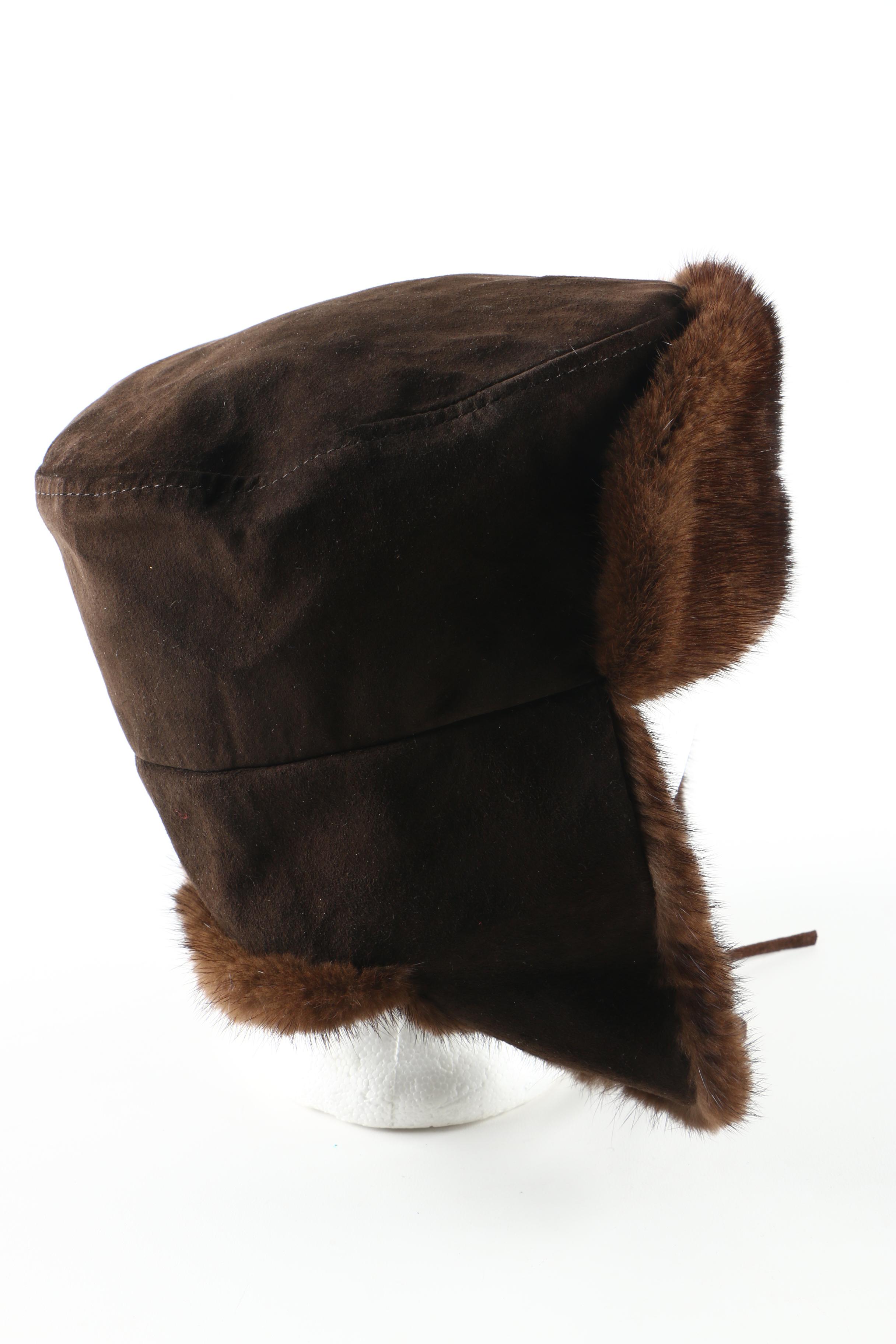 Paul Stuart Brown Suede Leather Mink Fur Trapper Hat