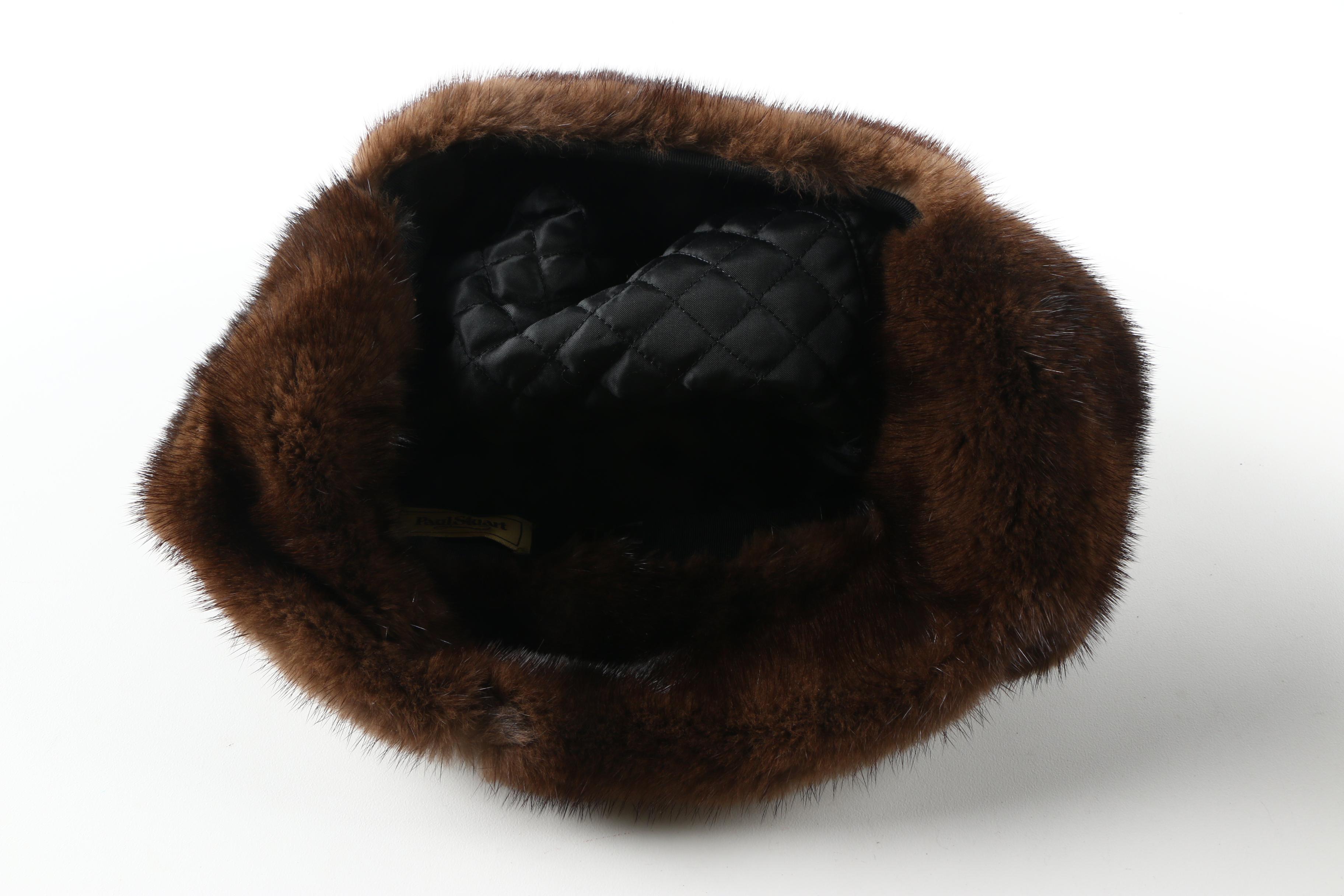 Paul Stuart Brown Suede Leather Mink Fur Trapper Hat