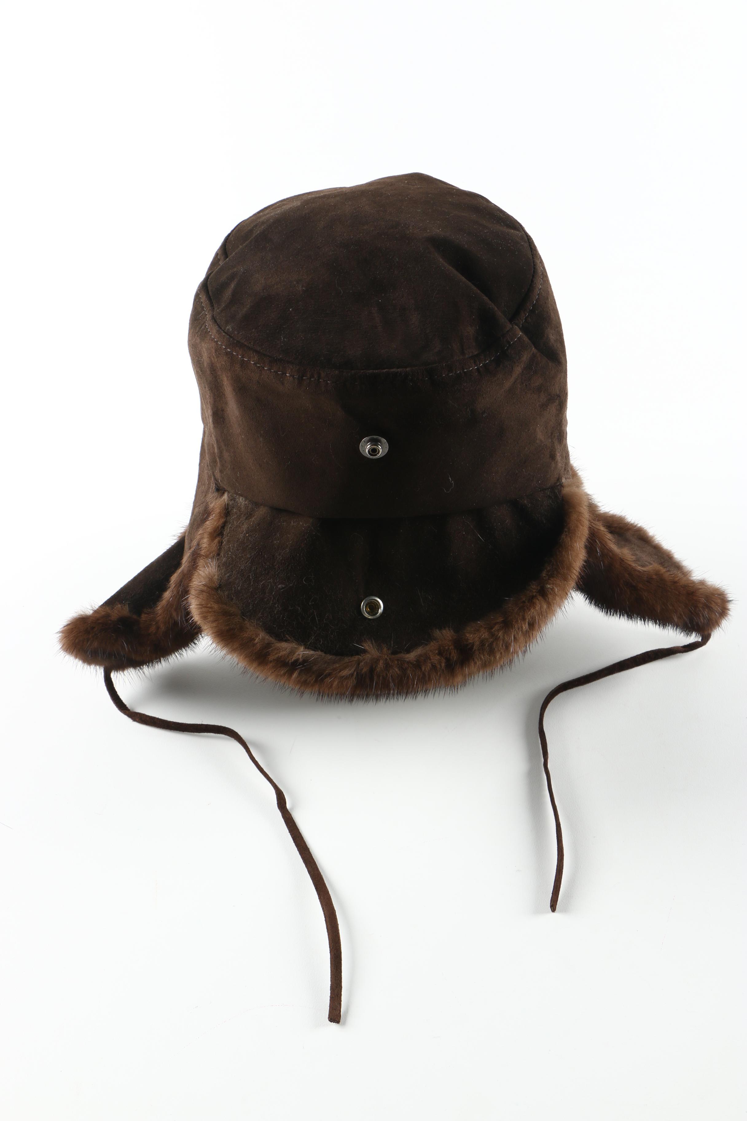 Paul Stuart Brown Suede Leather Mink Fur Trapper Hat