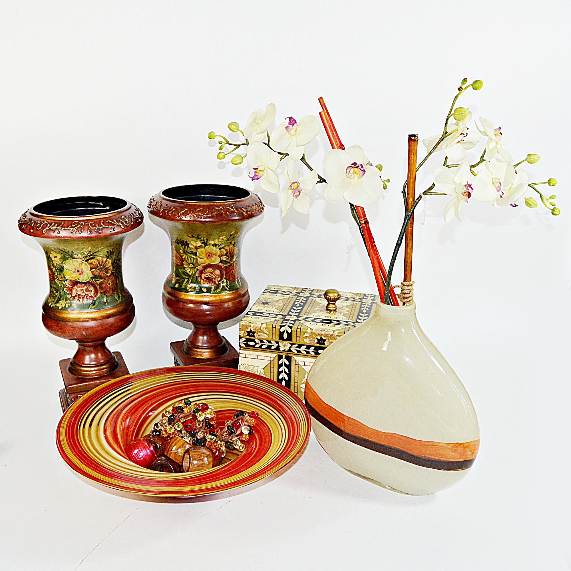 Decor Group with Painted Urns, Inlay Box, Modern Glass Bowl and Vase