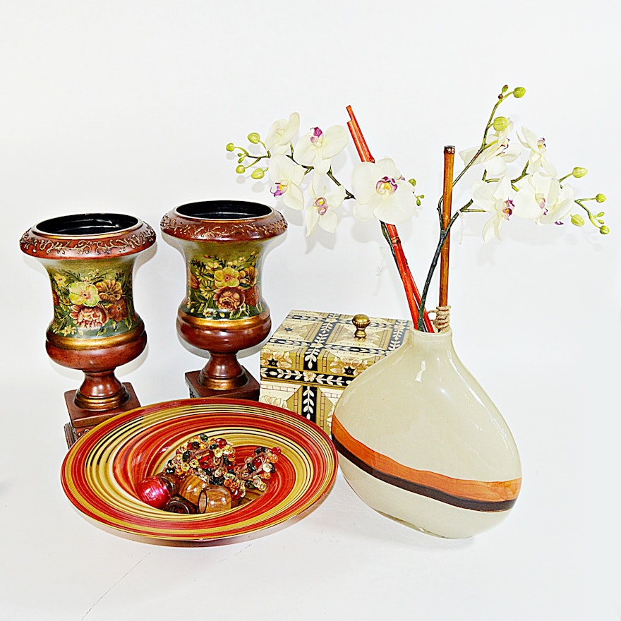 Decor Group with Painted Urns, Inlay Box, Modern Glass Bowl and Vase