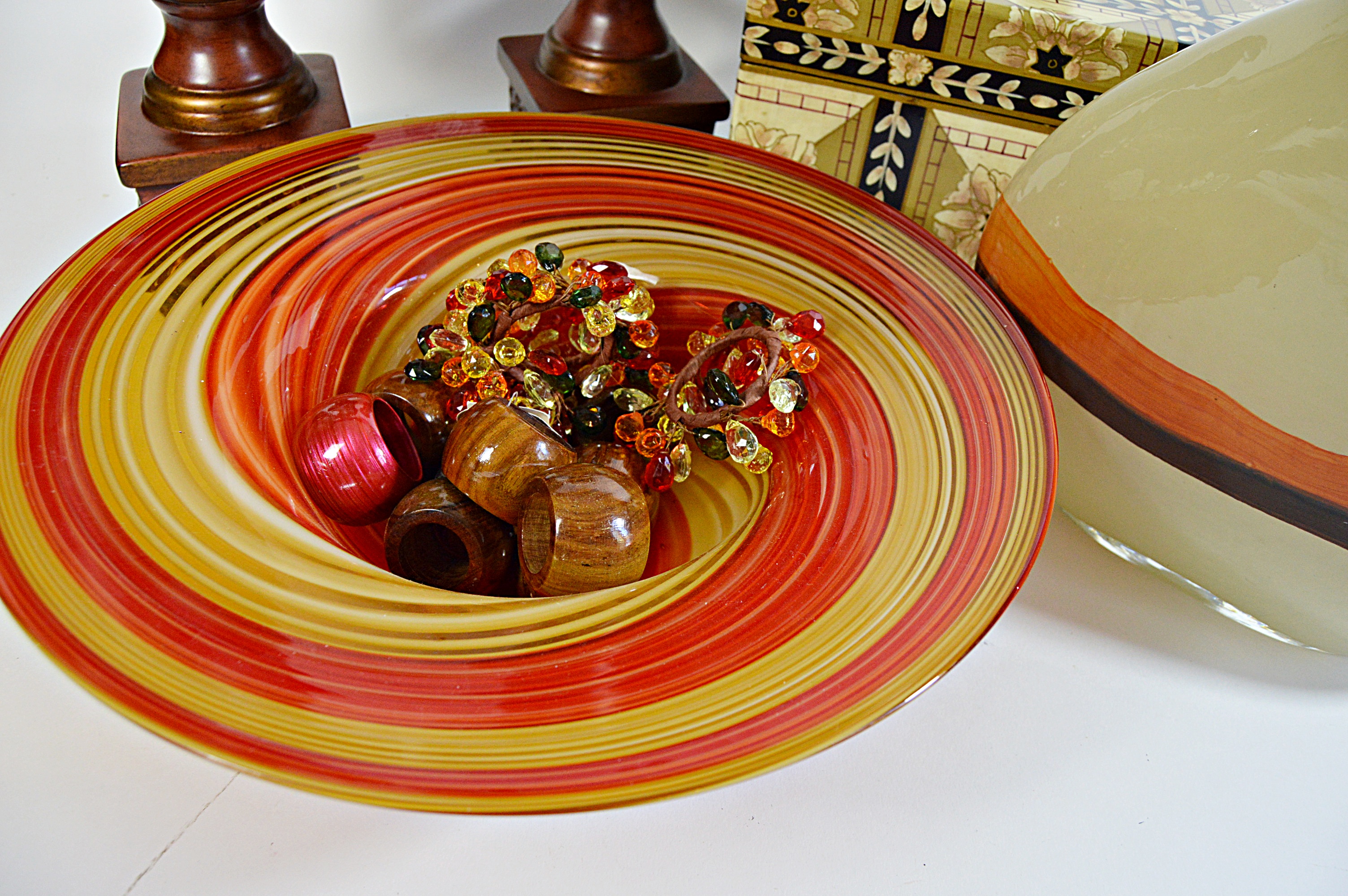 Decor Group with Painted Urns, Inlay Box, Modern Glass Bowl and Vase