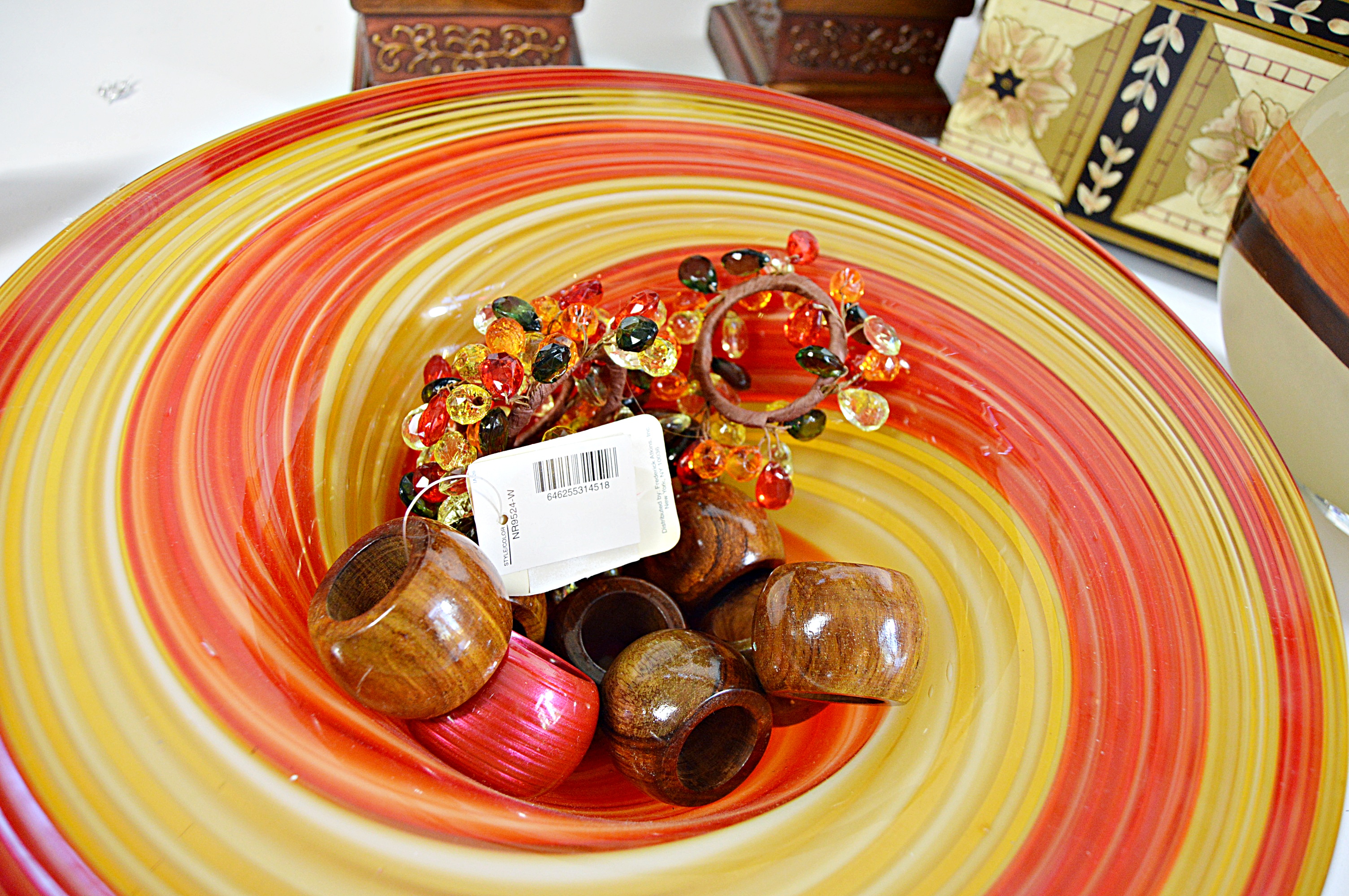 Decor Group with Painted Urns, Inlay Box, Modern Glass Bowl and Vase