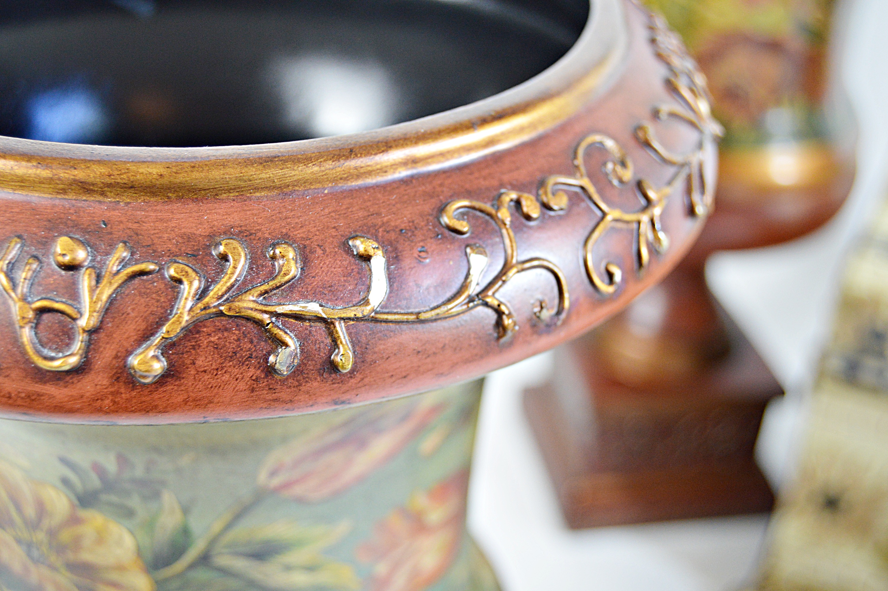 Decor Group with Painted Urns, Inlay Box, Modern Glass Bowl and Vase