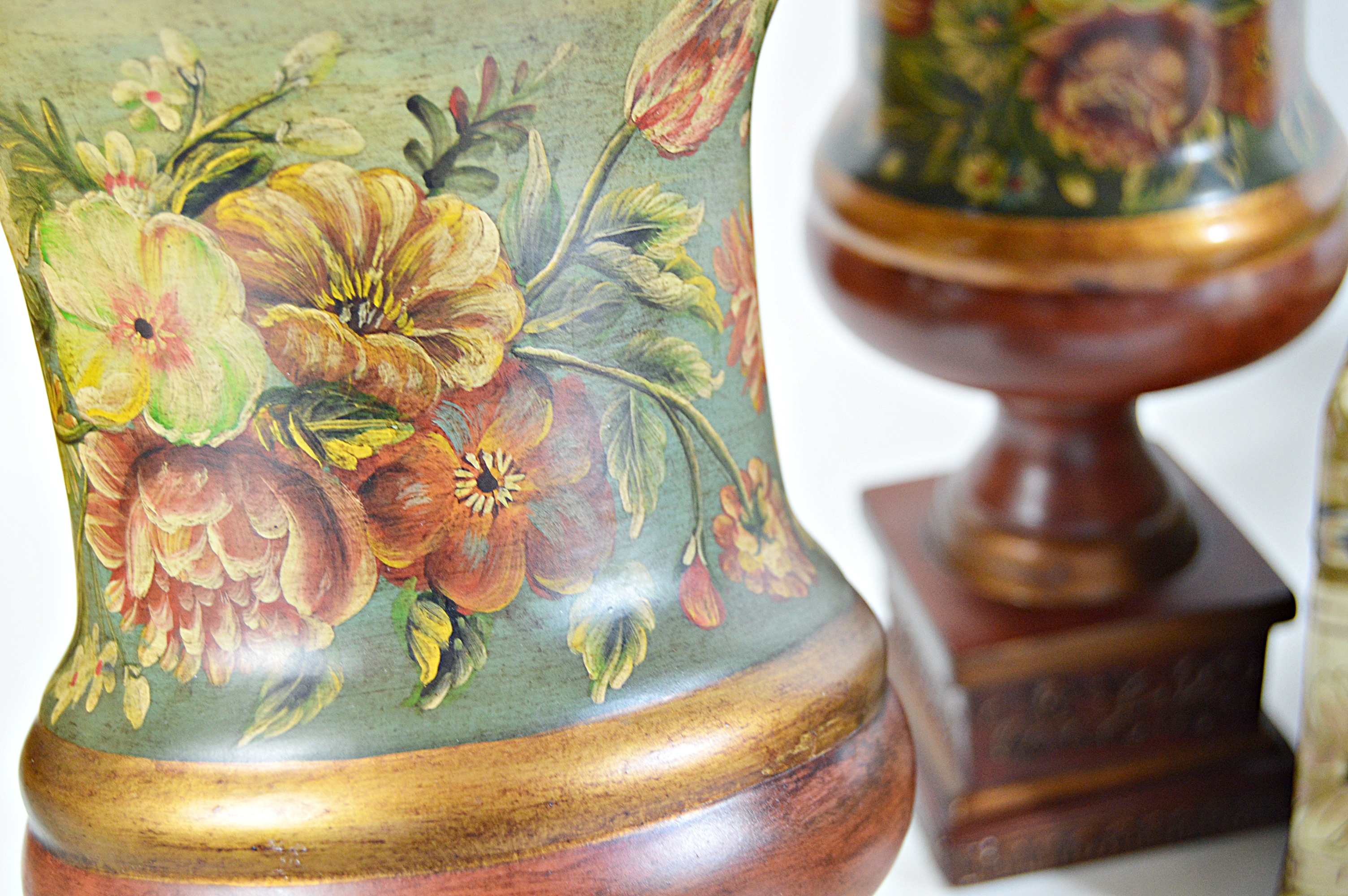 Decor Group with Painted Urns, Inlay Box, Modern Glass Bowl and Vase