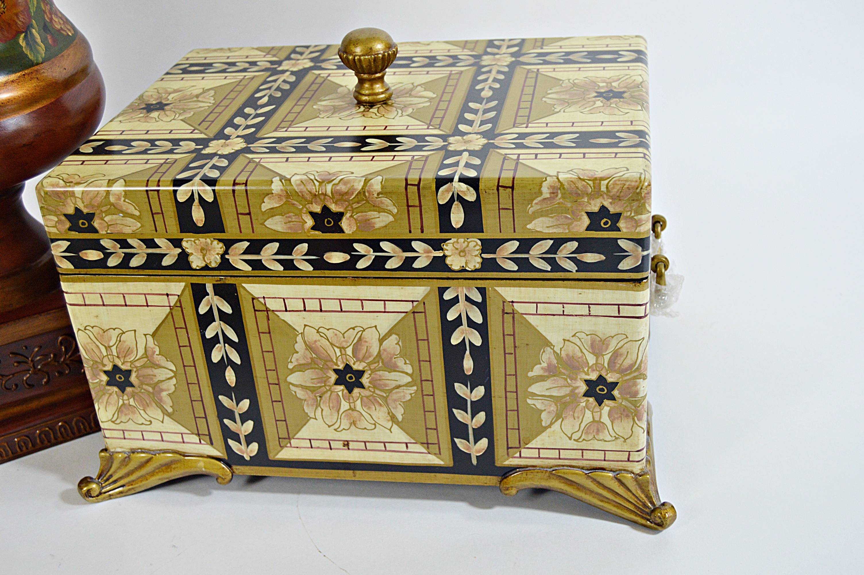 Decor Group with Painted Urns, Inlay Box, Modern Glass Bowl and Vase