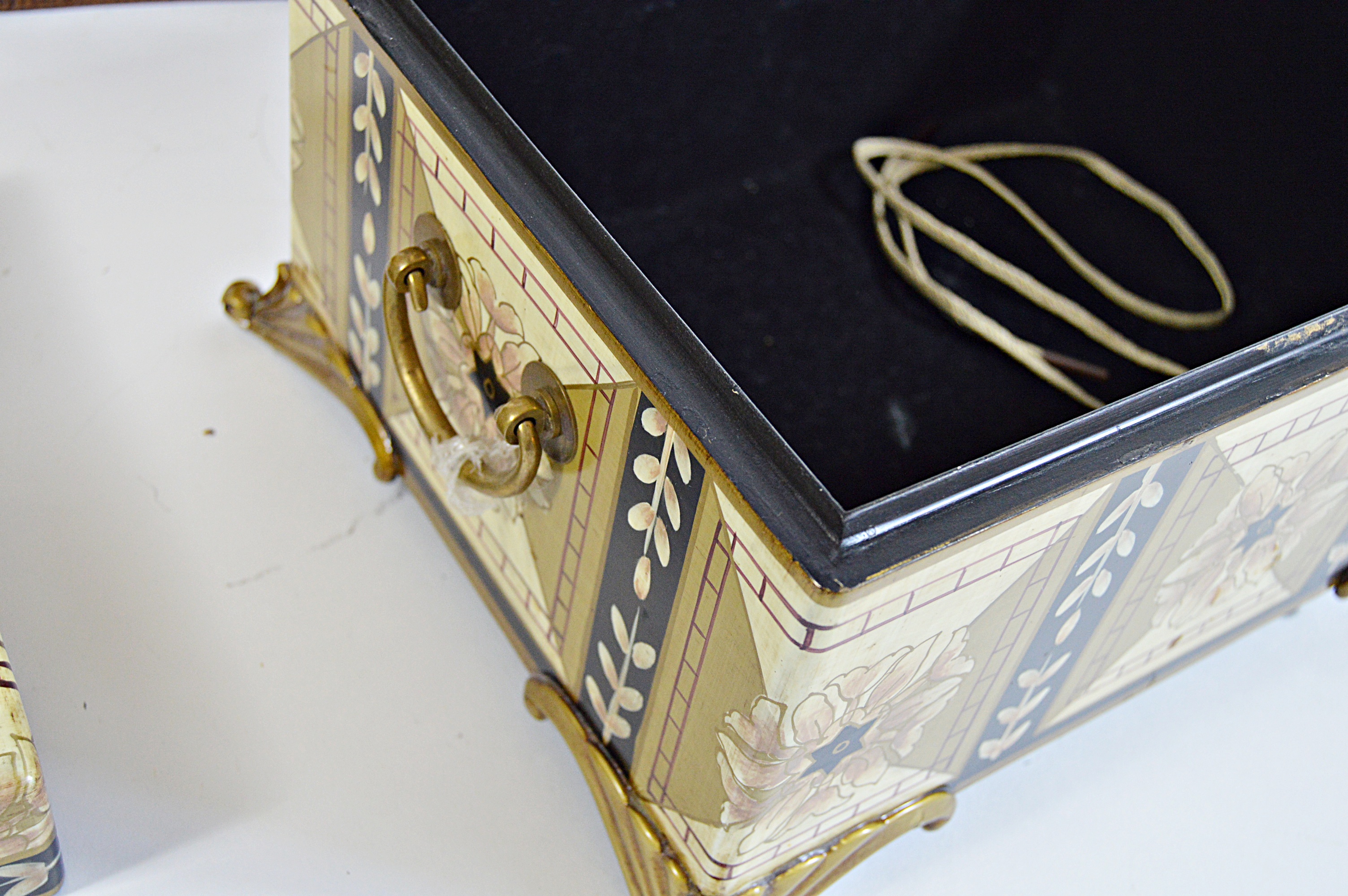 Decor Group with Painted Urns, Inlay Box, Modern Glass Bowl and Vase