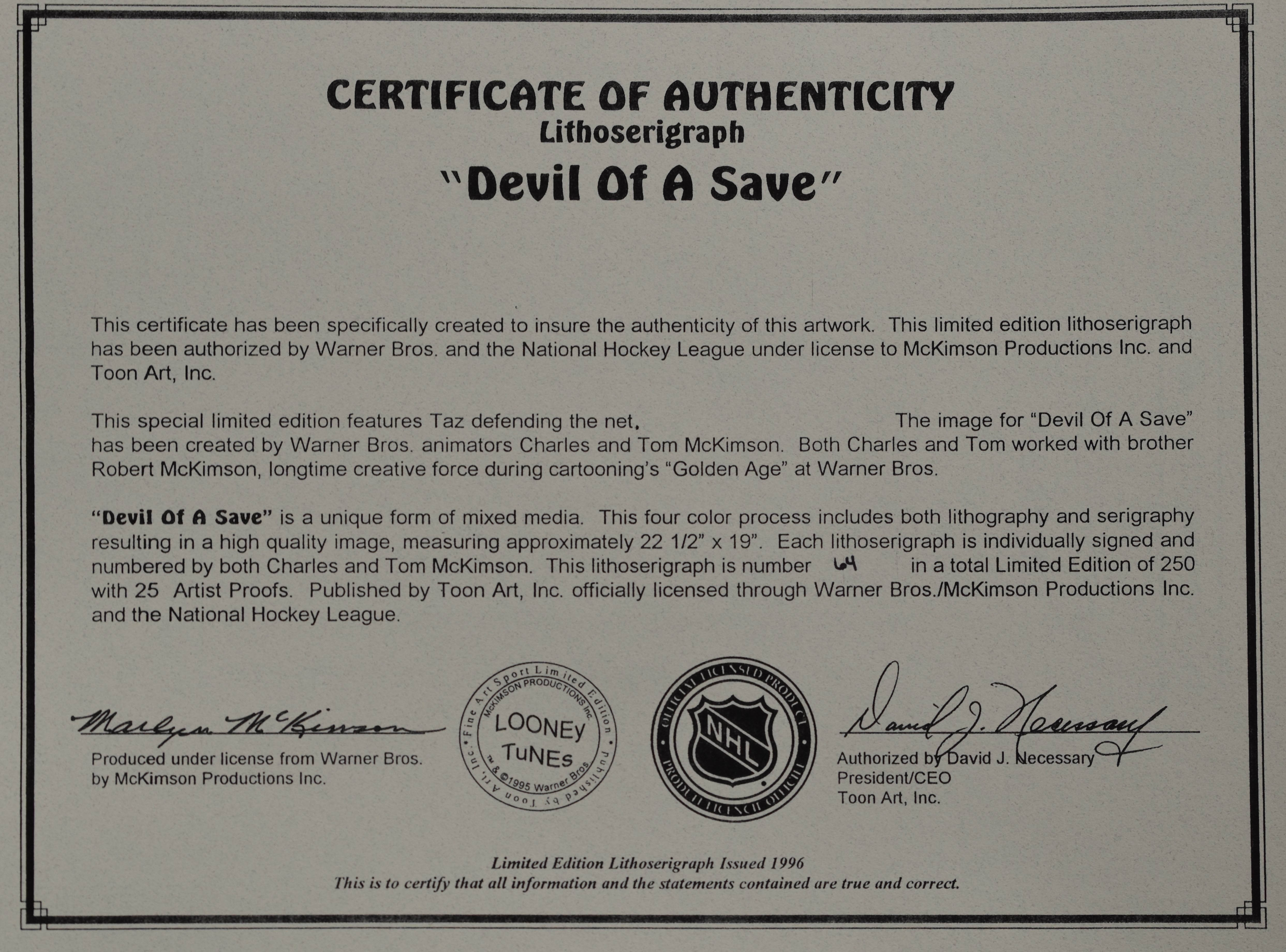 Warner Bros. L.E. NHL Lithoserigraph-Tampa bay Lightning Devil of a Save, Signed