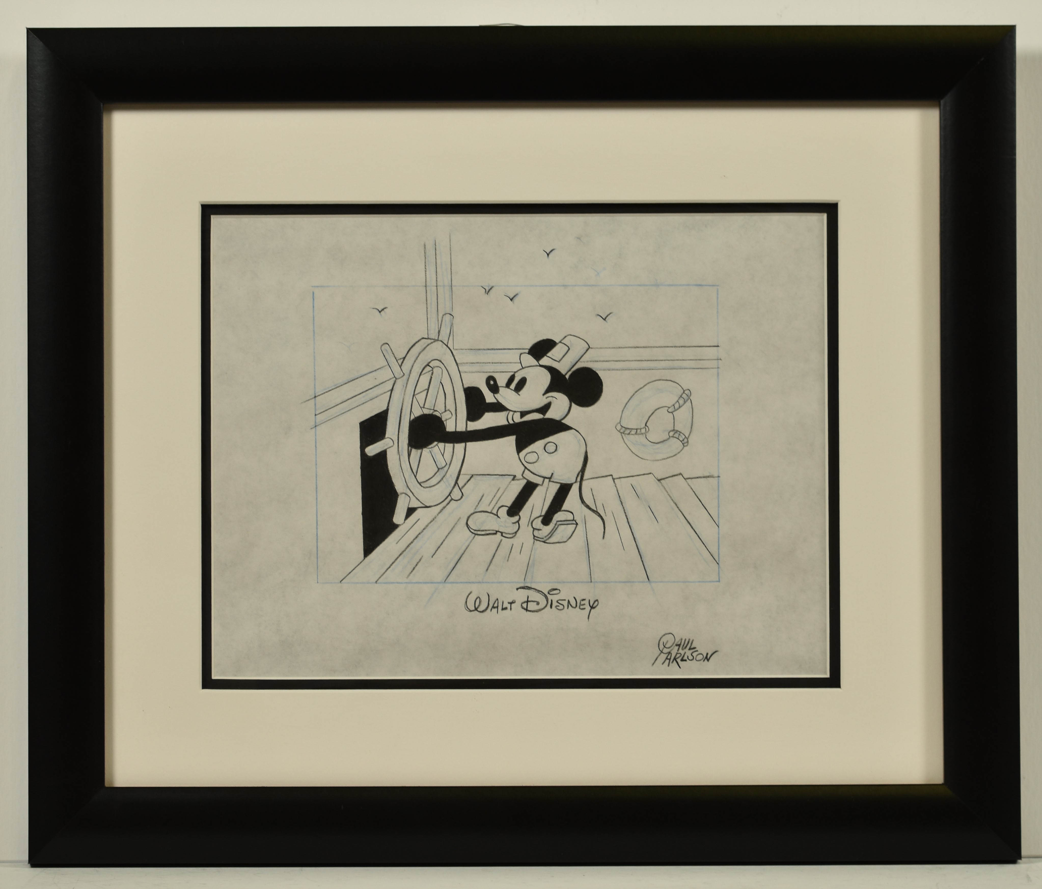 Walt Disney Framed Sketch - Steamboat Willie - Signed by Paul Carlson