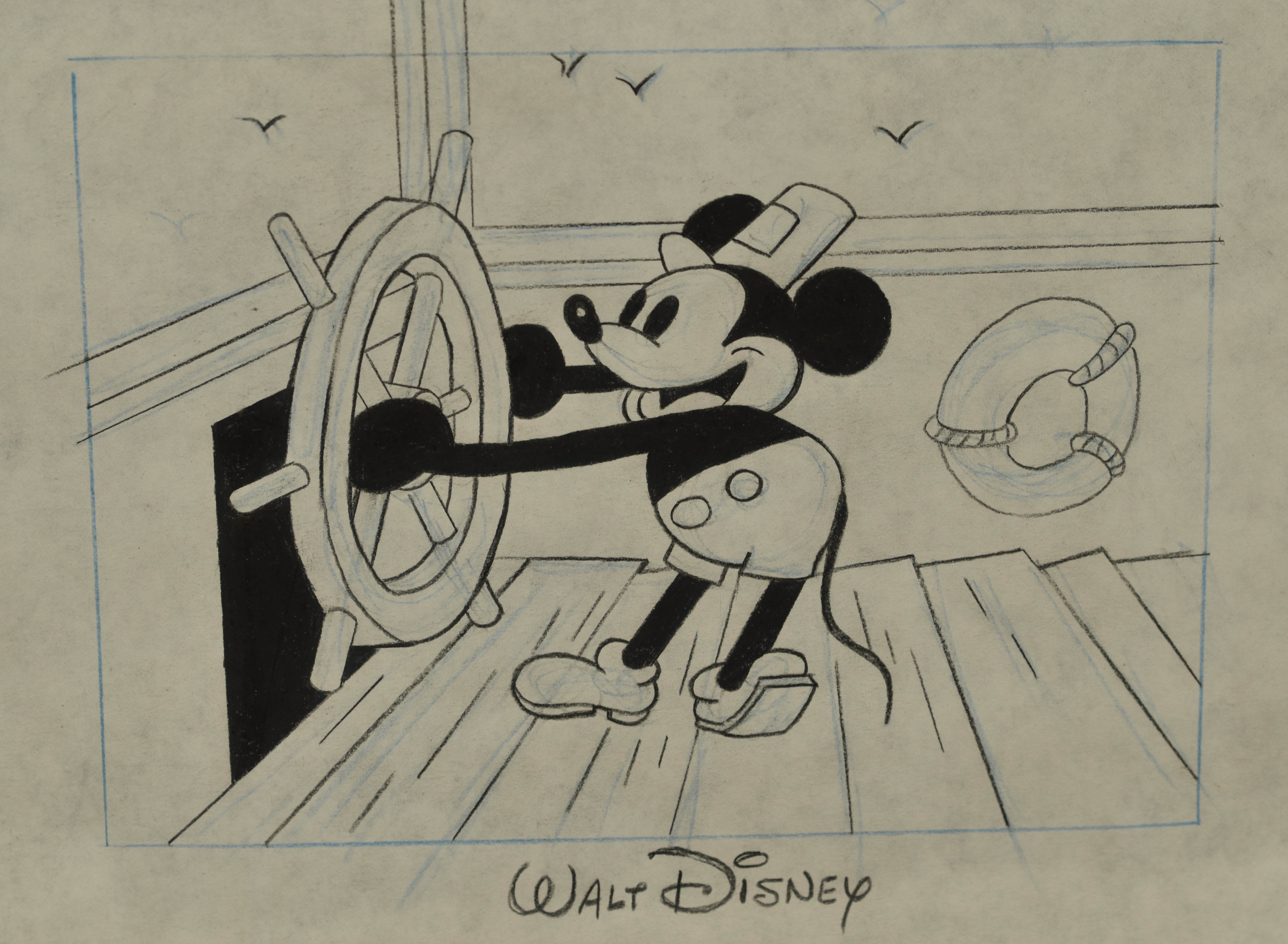 Walt Disney Framed Sketch - Steamboat Willie - Signed by Paul Carlson