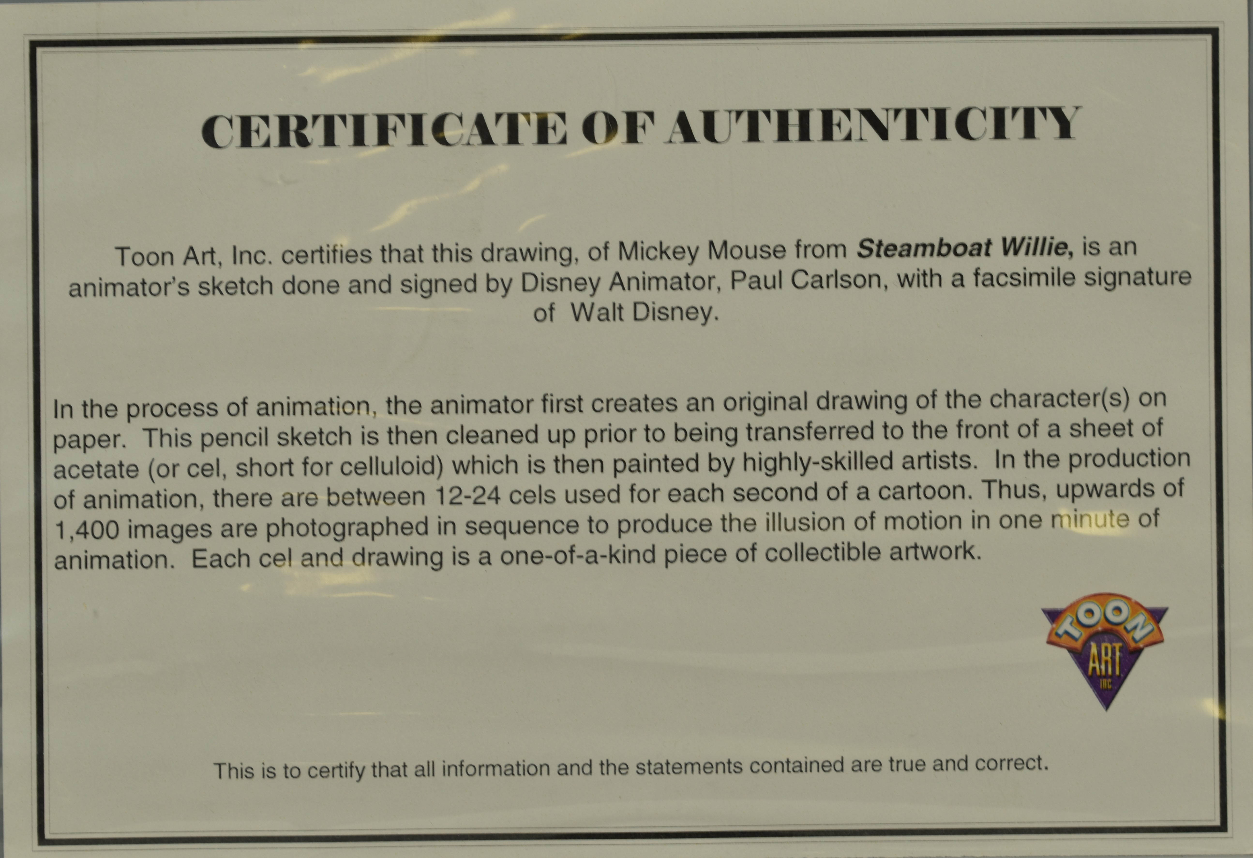 Walt Disney Framed Sketch - Steamboat Willie - Signed by Paul Carlson