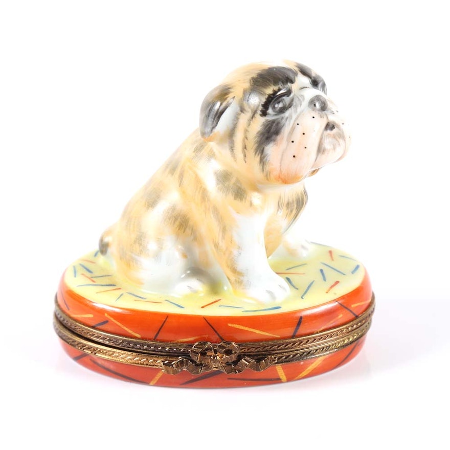 Eximious Limoges Porcelain Bull Dog Pill Box