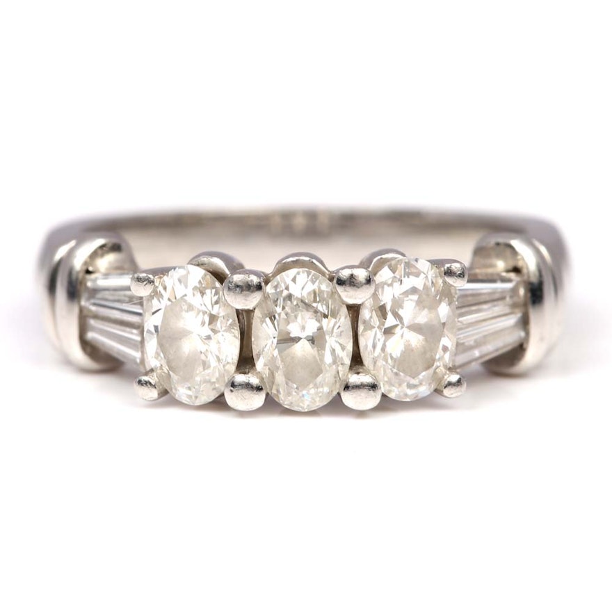 Scott Kay Platinum Three-Stone Oval and Baguette 1.08 CTW  Diamond