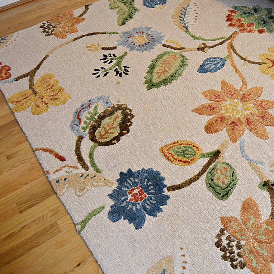 Tufted Wool Area Rug with Cut Pile Flowers and Leaves