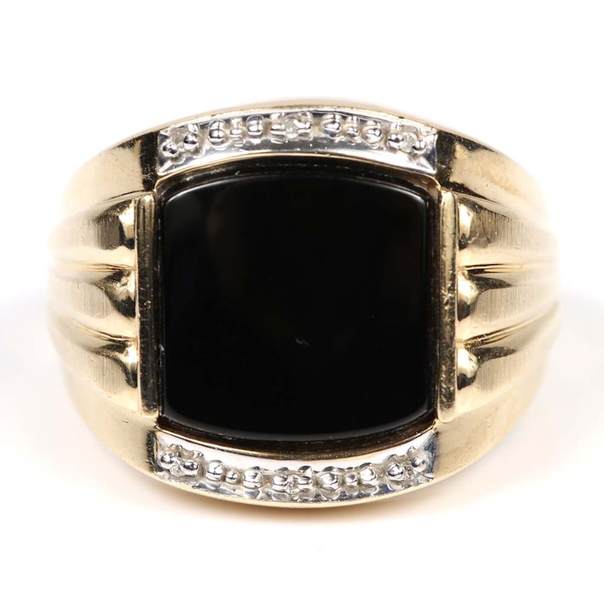 10K Yellow Gold Black Onyx and Diamond Ring