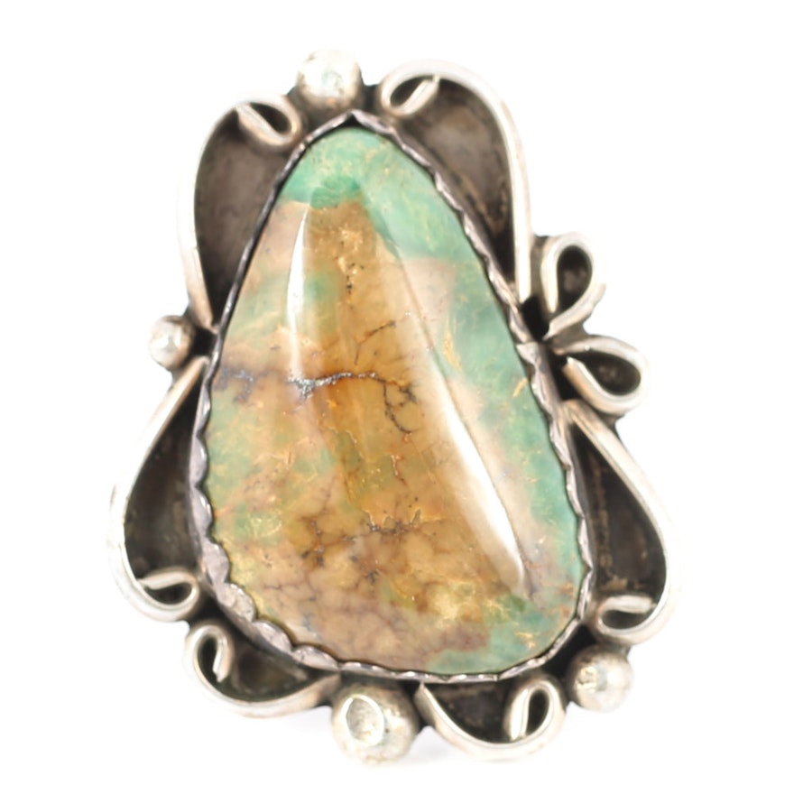 Sterling Silver Turquoise Ring in Scallop Frame