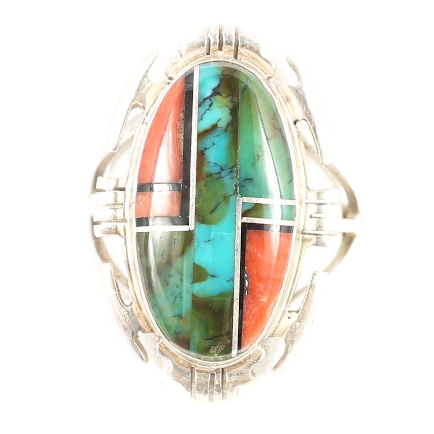 A. Francisco Navajo Diné Sterling Silver Turquoise and Coral Inlay Ring