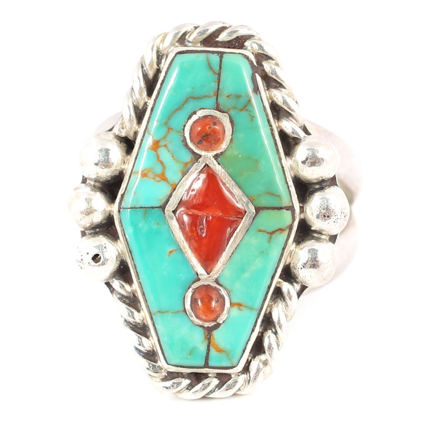 Sterling Silver Turquoise and Coral Ring