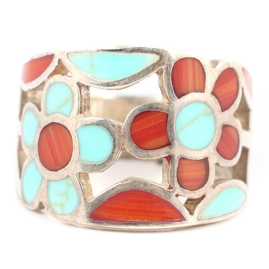Sterling Silver Turquoise and Spiny Oyster Flower Inlay Ring