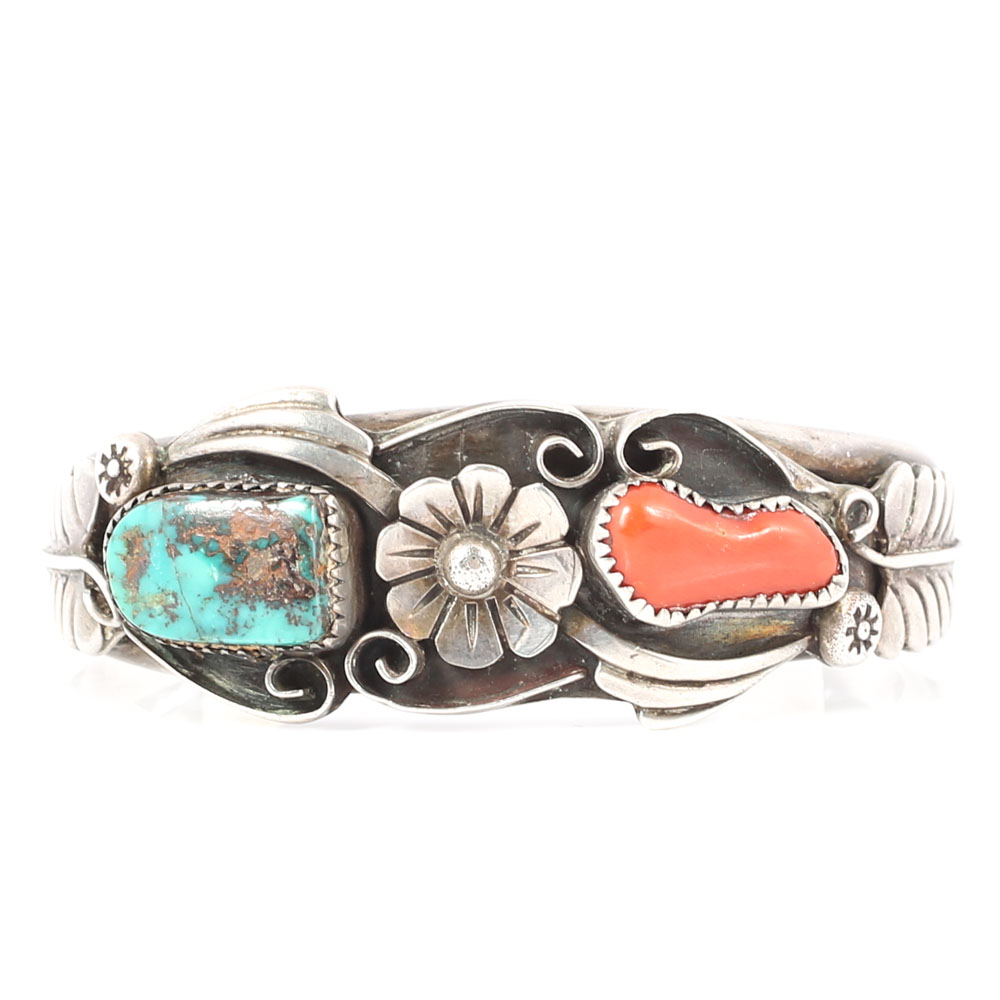 Sterling Silver Turquoise and Coral Cuff