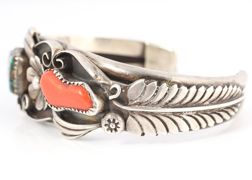 Sterling Silver Turquoise and Coral Cuff