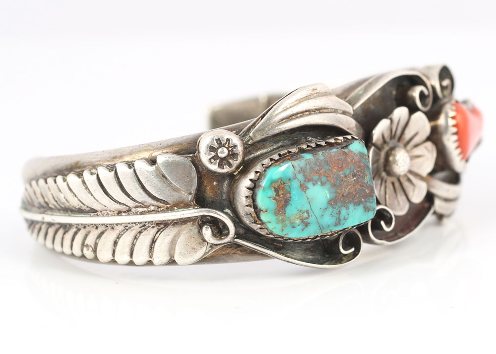 Sterling Silver Turquoise and Coral Cuff