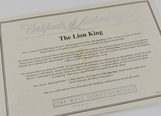 Walt Disney 1994 Limited Edition Sericel "Rafiki and Simba" After The Lion King