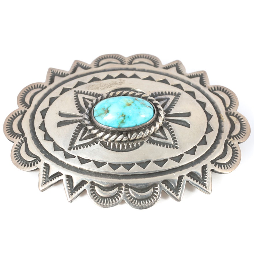 Navajo Diné Sterling Silver Turquoise Oval Decorated Brooch