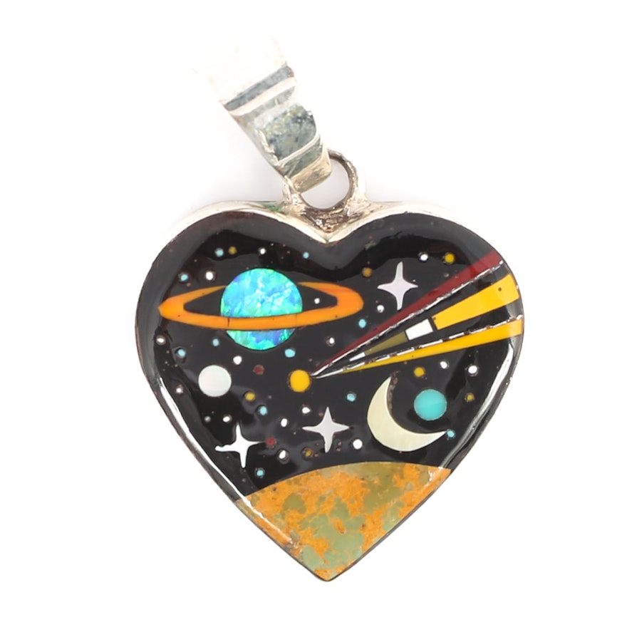 Sterling Silver Heart Shape Inlay Pendant with Planets with Turquoise