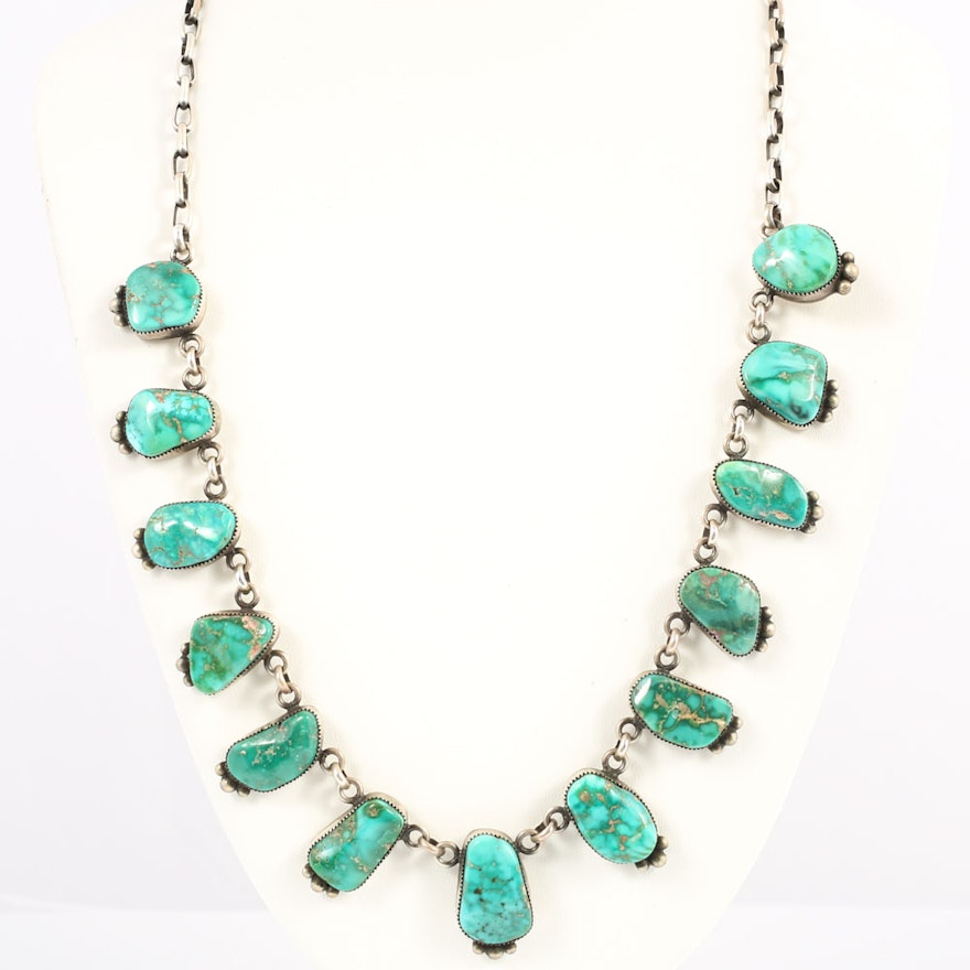 Sterling Silver Turquoise Bezel Set Station Necklace